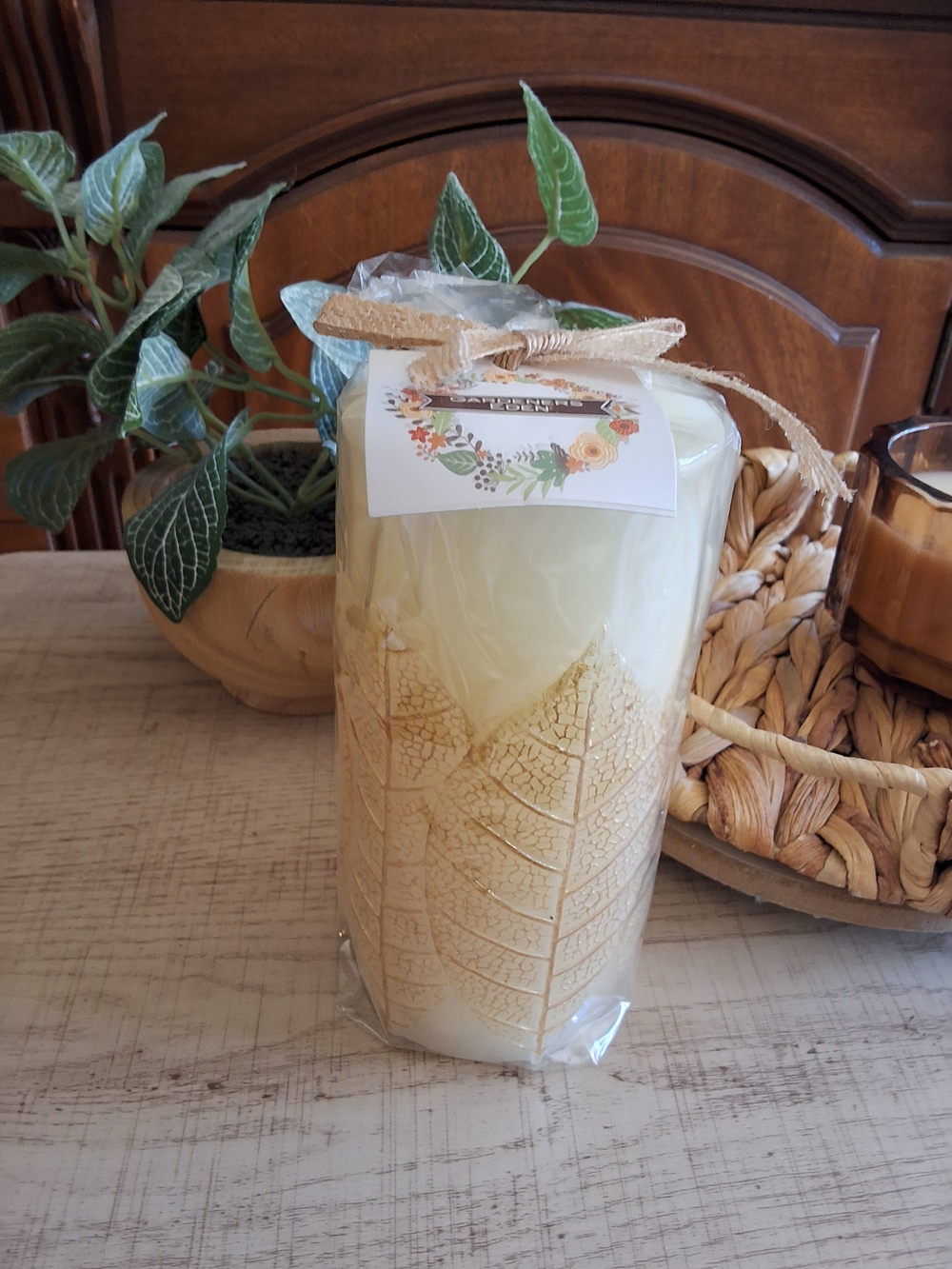 NWT Cream Leaf-Relief Pillar Candle